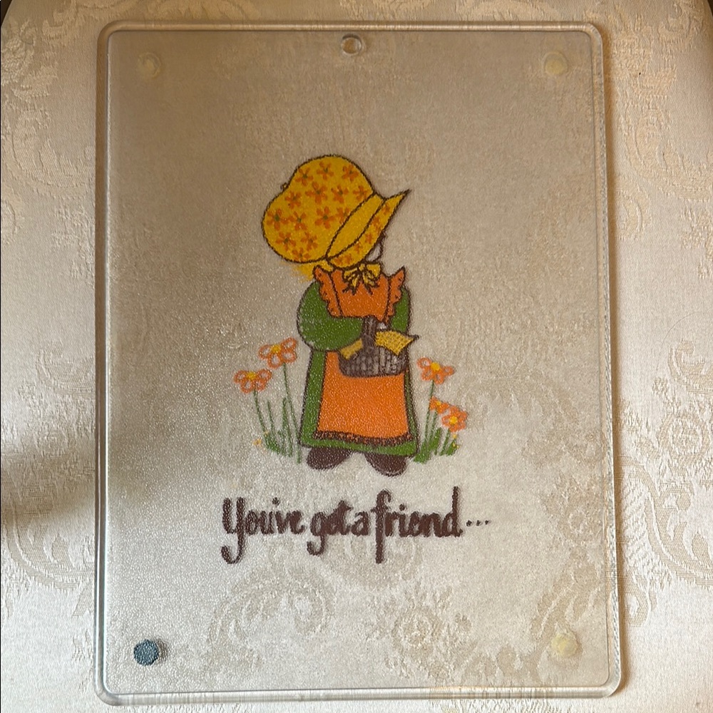 1970s lucite Holly Hobby, girl in bonnet cutting board, vibrant colors!